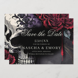 Elegant Red & Black Skull Roses Gothic Wedding Save The Date