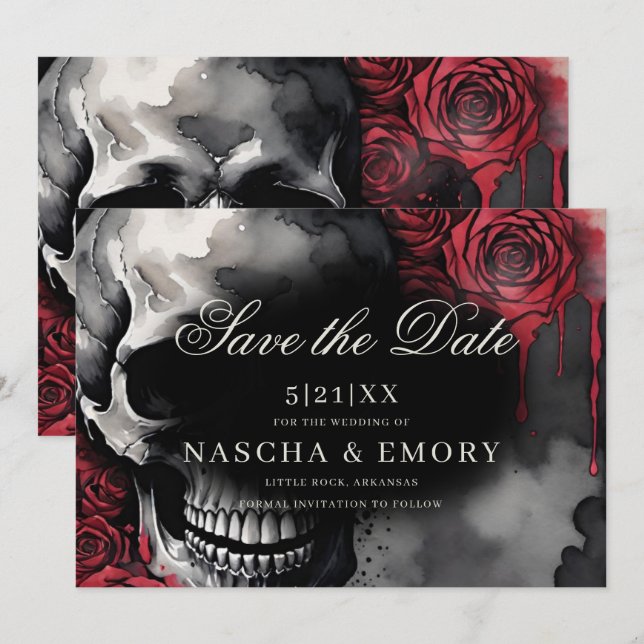 Elegant Red & Black Skull Roses Gothic Wedding Save The Date (Front/Back)