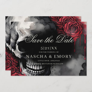 Elegant Red & Black Skull Roses Gothic Wedding Save The Date