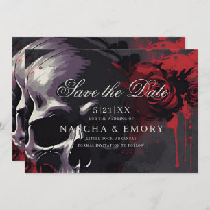 Elegant Red & Black Skull Roses Gothic Wedding Save The Date