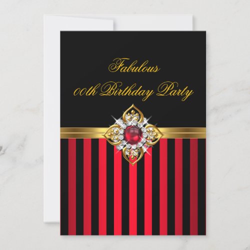 Elegant Red Black Stripe Gold Red Pearl Birthday Invitation