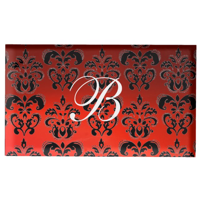 ELEGANT RED BLACK WHITE CLASSY DAMASK TABLE CARD HOLDER (Front)