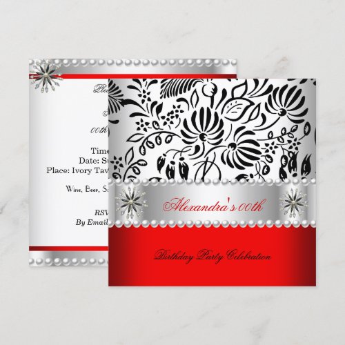 Elegant Red Black White Damask Pearl Party 5.25x5.25 Square Paper Invitation Card