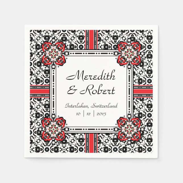 Elegant Red, Black, White Folk Damask Wedding Napkins (Front)