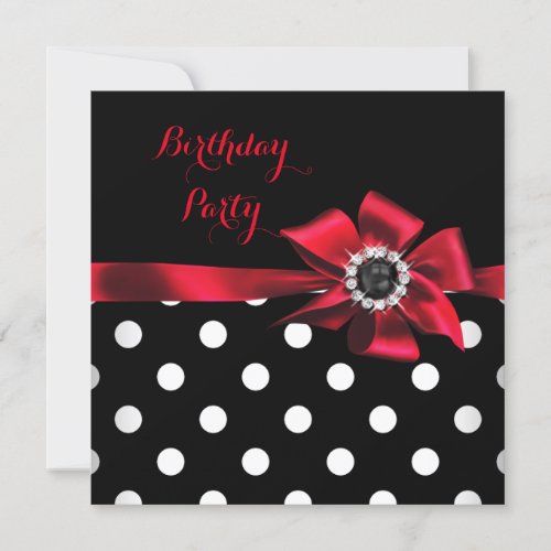 Elegant Red Black White Polka Dots Birthday Party Invitation