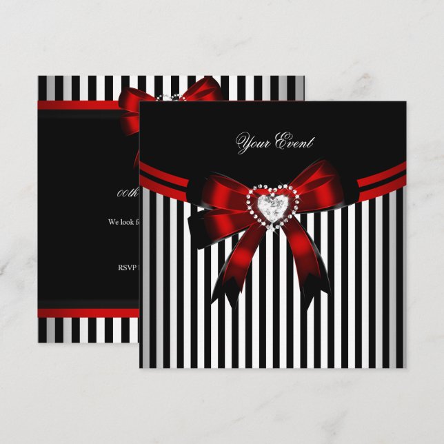 Elegant Red Black White Stripe Birthday Party Invitation (Front/Back)