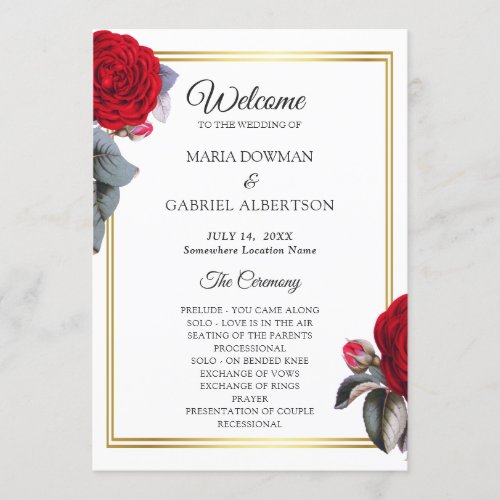 Elegant red blossom rose Botanical Wedding Program