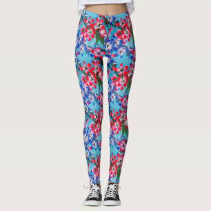 Elegant Red Blue And White Flower Leggings