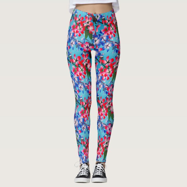 Elegant Red Blue And White Flower Leggings (Front)