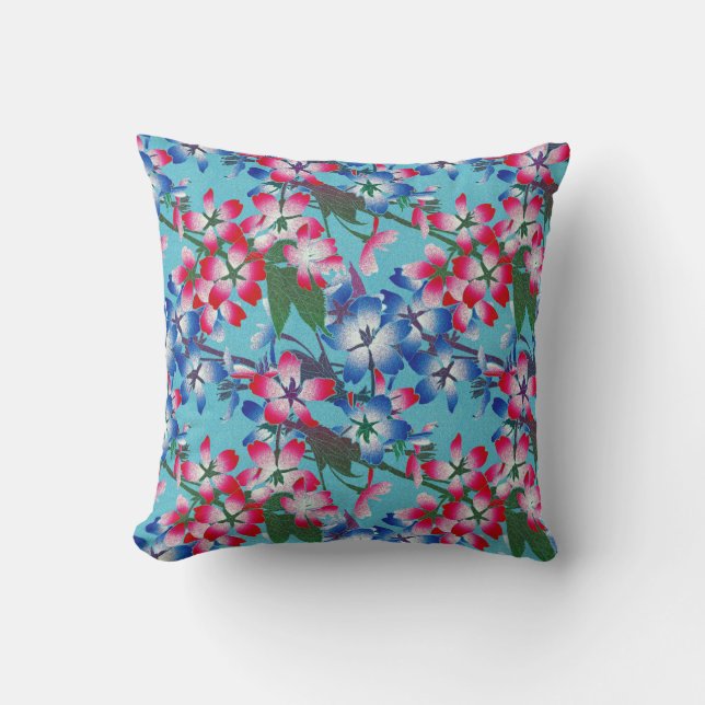 Elegant Red Blue And White Flower Throw Pillow (Front)