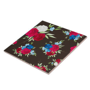Elegant Red Blue Floral Pattern on Dark Brown Ceramic Tile