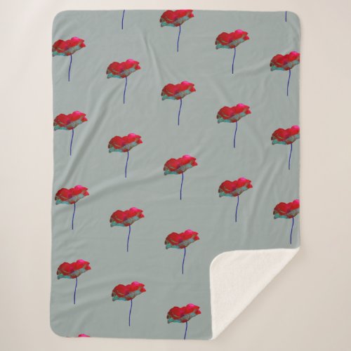 Elegant Red Blue Floral Poppy Flower Gray Sherpa Blanket