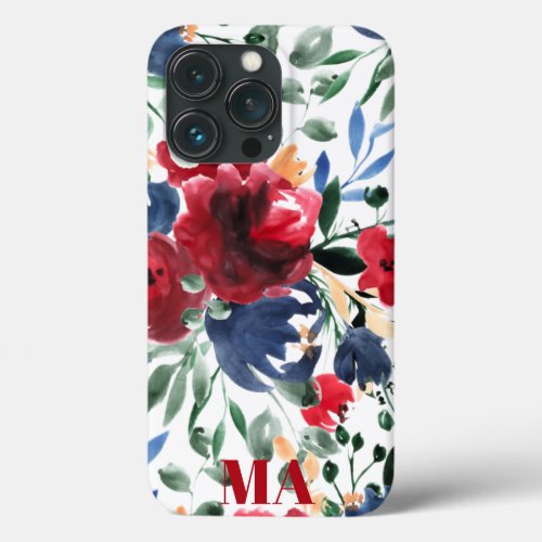 Elegant red blue floral watercolor monogram iPhone 13 pro case