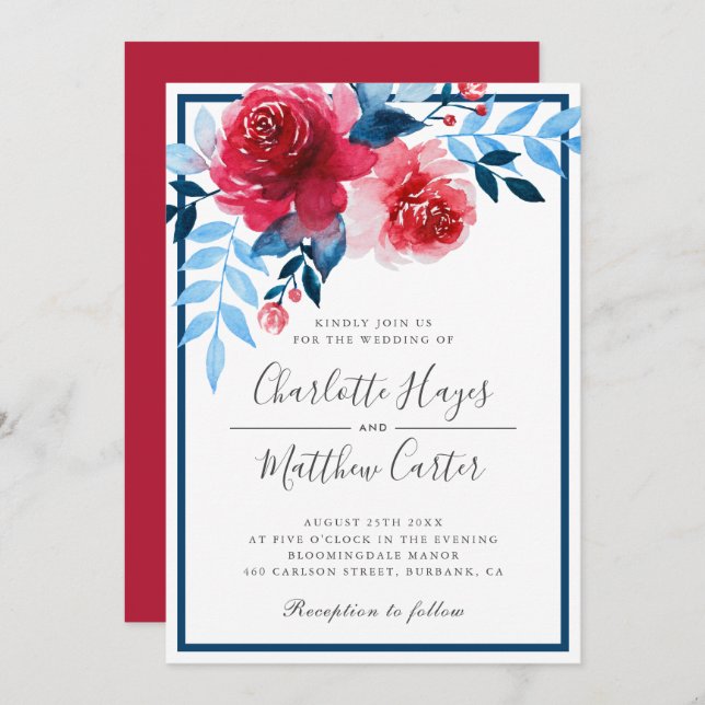 Elegant Red Blue Floral Watercolor Roses Wedding Invitation (Front/Back)