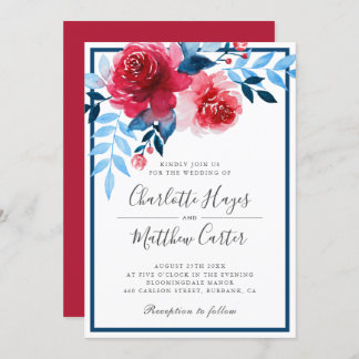 Elegant Red Blue Floral Watercolor Roses Wedding Invitation