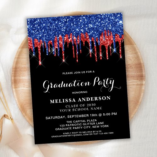 Elegant Red Blue Glitter Drip Patriotic Graduation Postcard