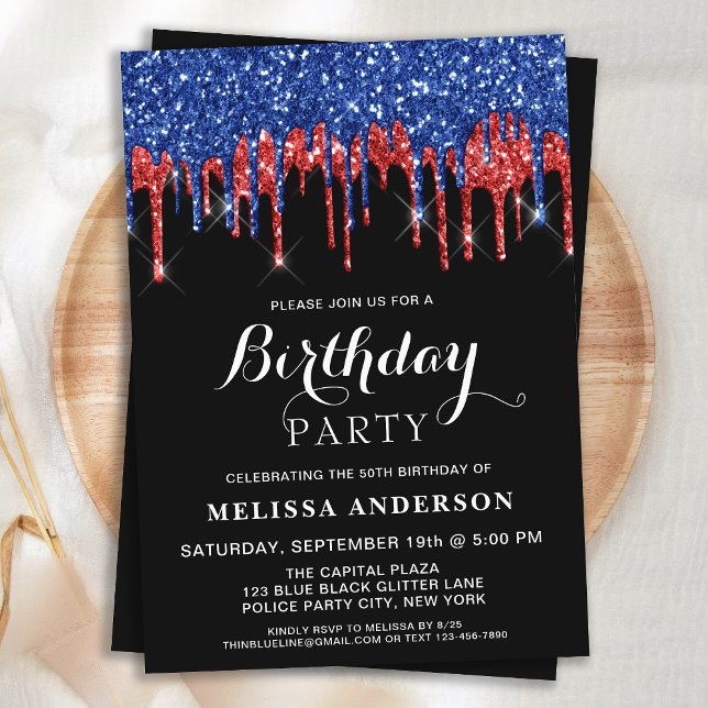 Elegant Red Blue Glitter Drips Patriotic Birthday Invitation (Creator Uploaded)