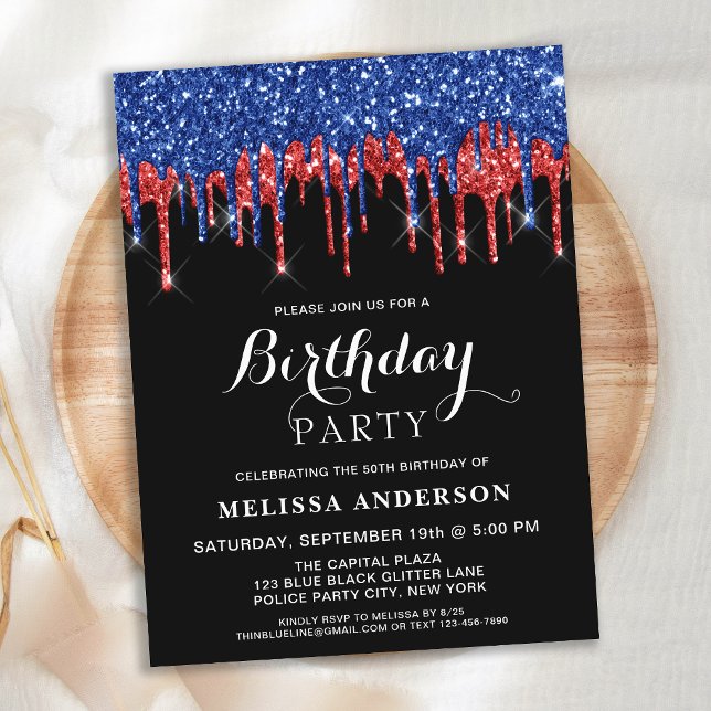 Elegant Red Blue Glitter Drips Patriotic Birthday Postcard (Creator Uploaded)
