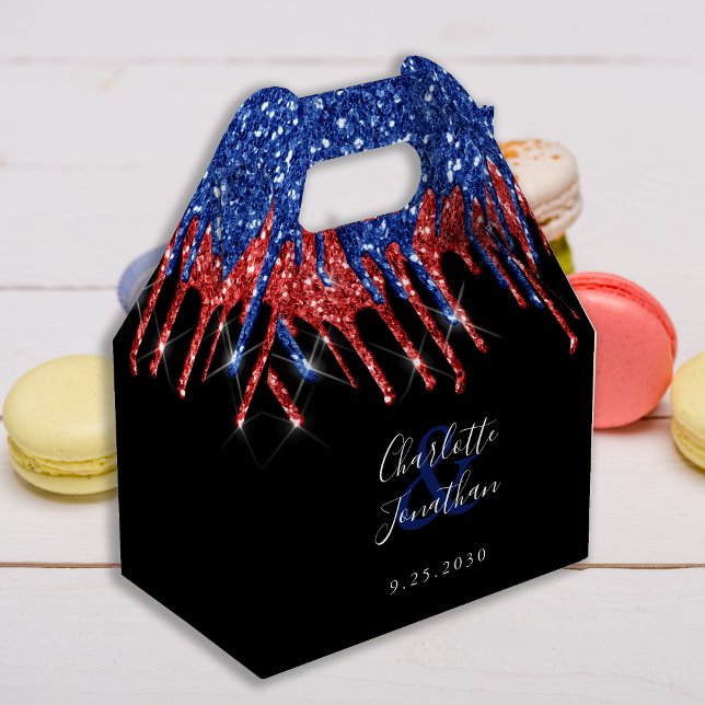 Elegant Red Blue Glitter Drips Patriotic Wedding  Favor Boxes (Creator Uploaded)