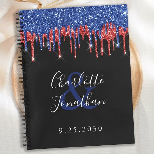 Elegant Red Blue Glitter Drips Patriotic Wedding Notebook