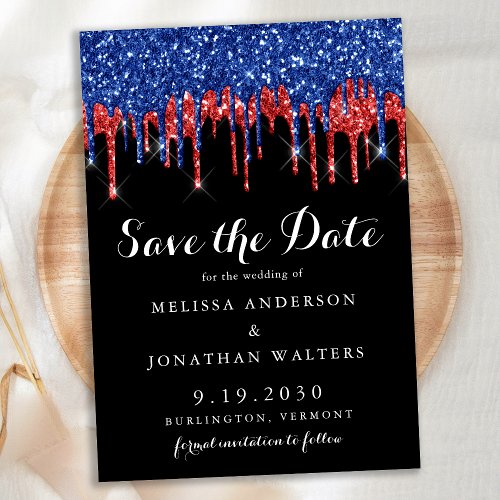 Elegant Red Blue Glitter Drips Patriotic Wedding Save The Date