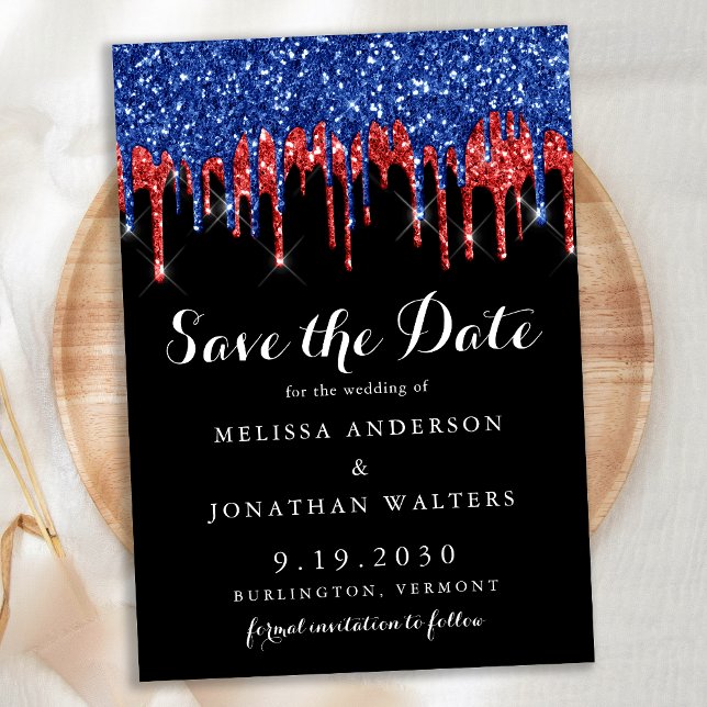 Elegant Red Blue Glitter Drips Patriotic Wedding Save The Date (Creator Uploaded)