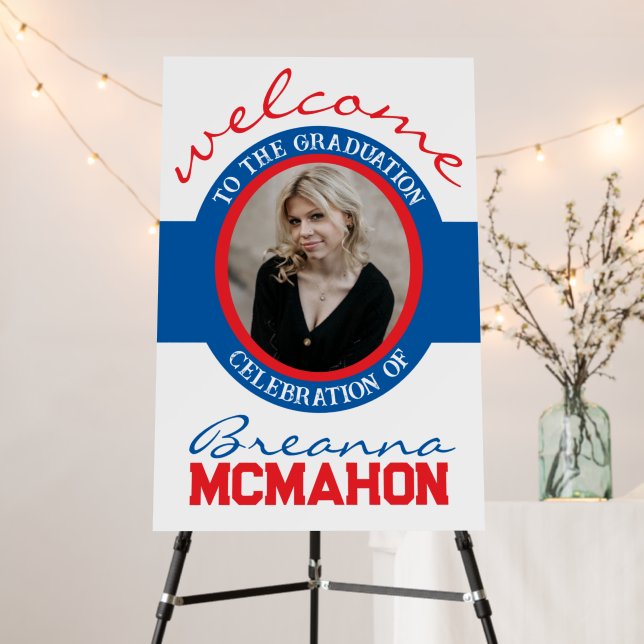 Elegant Red & Blue Graduation Photo Welcome Foam Board (In Situ (Stand))