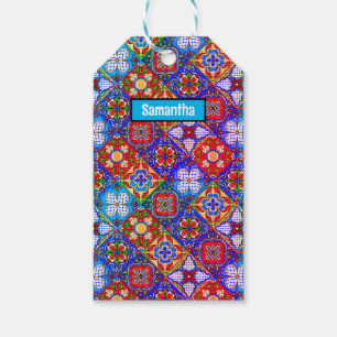Elegant Red Blue Mexican Talavera Pattern Gift Tags