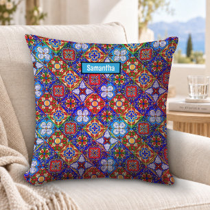 Elegant Red Blue Mexican Talavera Pattern Tiles Throw Pillow