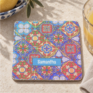 Elegant Red Blue Mexican Talavera Tile Pattern Stone Coaster