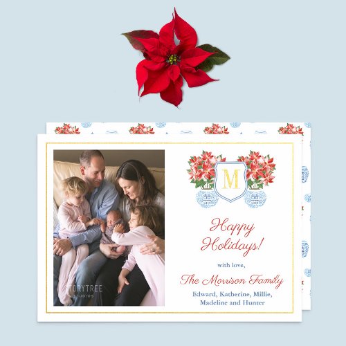 Elegant Red Blue Poinsettia Family Picture Gold Foil Holiday Card