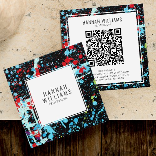 Elegant Red Blue Qr Code Colorful Painted Pattern  Square Business Card