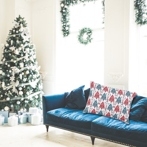 Elegant Red Blue Scandinavian Christmas Tree Accent Pillow