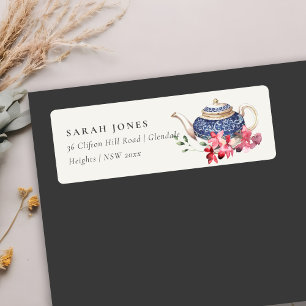 Elegant Red Blue Teapot Floral Tea Party Address Label