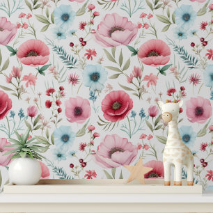 Elegant Red Blue Wildflower Peel and Stick Wallpaper