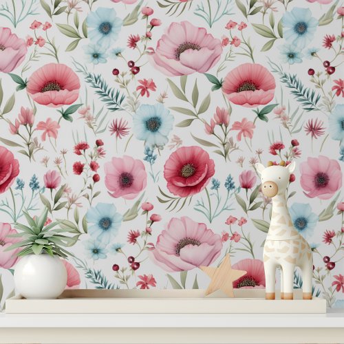 Elegant Red Blue Wildflower Poppy Floral Pattern Wallpaper