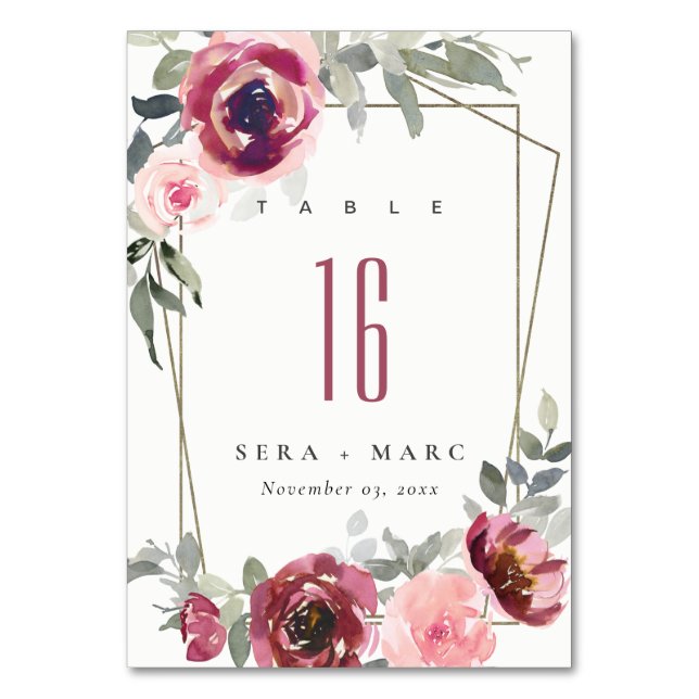 ELEGANT RED BLUSH BURGUNDY ROSE FLORAL WEDDING TABLE NUMBER (Front)