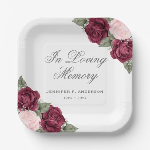 Elegant Red Blush Pink Floral Memorial Funeral Paper Plates