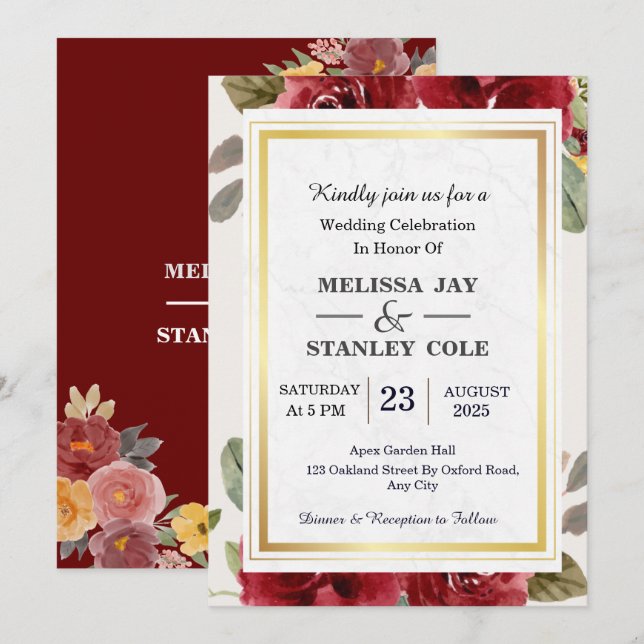 Elegant Red Blush Pink Floral Watercolor Wedding   Invitation (Front/Back)