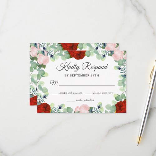 Elegant Red  Blush Pink Roses Greenery Wedding RSVP Card