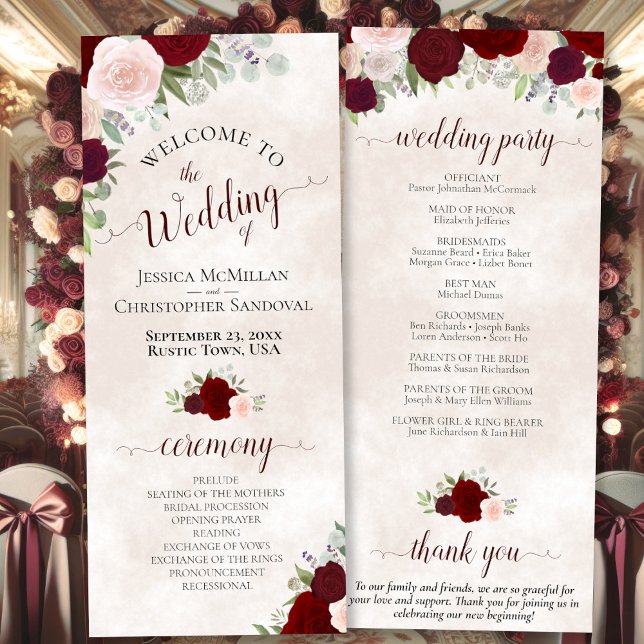 Elegant Red & Blush Pink Watercolor Roses Wedding Program (Front/Back)