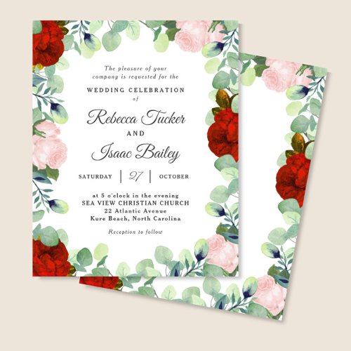 Elegant Red Blush Rose Greenery Wedding Invitation