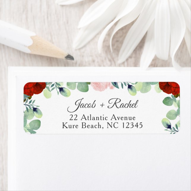 Elegant Red Blush Roses Greenery Wedding Label (Insitu)