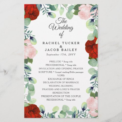 Elegant Red Blush Roses Greenery Wedding Program