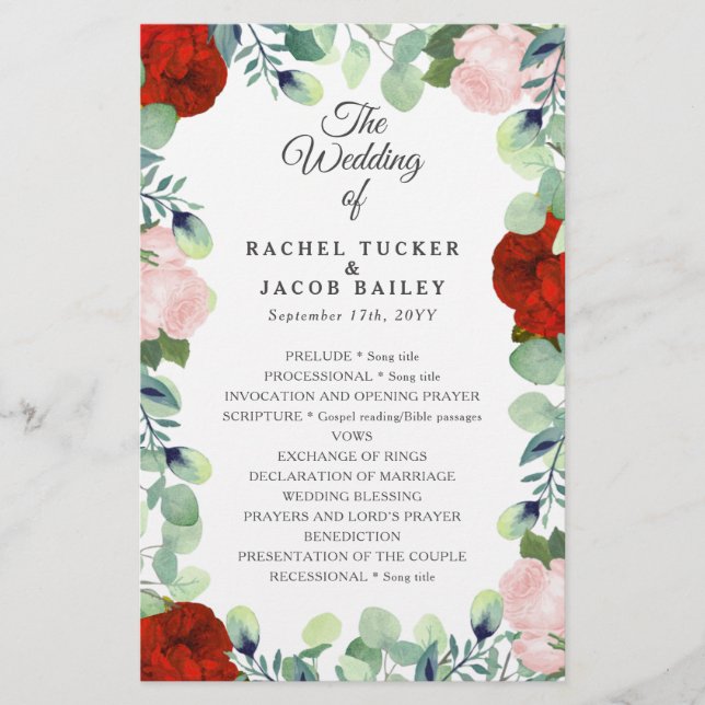 Elegant Red Blush Roses Greenery Wedding Program (Front)