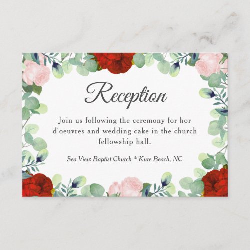 Elegant Red Blush Roses Greenery Wedding Reception Enclosure Card