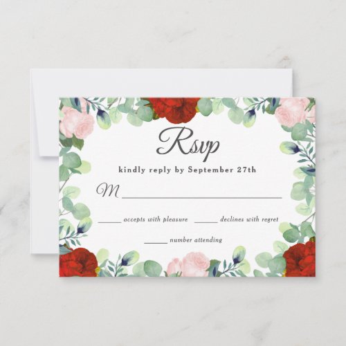 Elegant Red Blush Roses Greenery Wedding RSVP Card