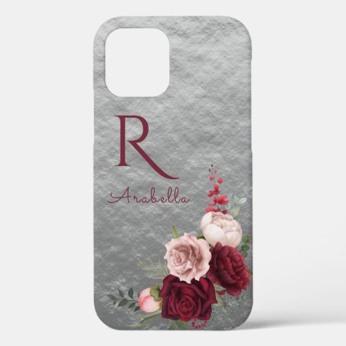 Elegant Red Blush Roses with Monogram on Gray  iPhone 12 Case