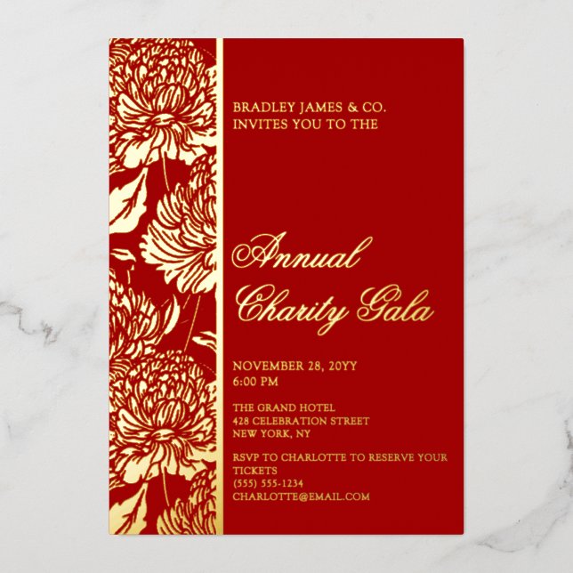Elegant Red Botanical Charity Event Gala Party Foil Invitation (Front)