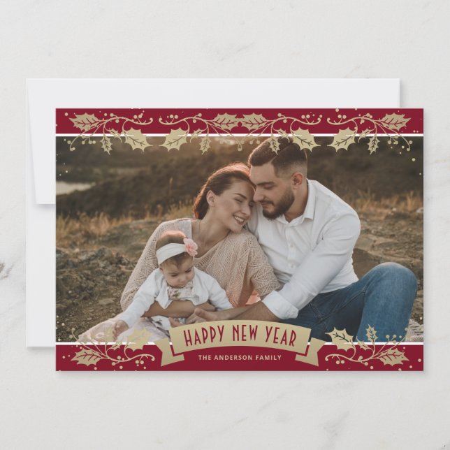Elegant Red Botanical Photo New Year Holiday Card (Front)